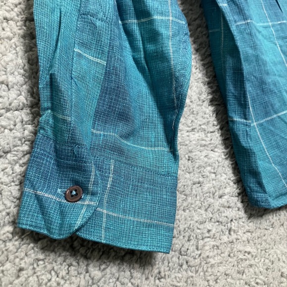 Vtg Claiborne Button Down Shirt Men M Teal Blue Plaid Linen Blend Breathable 90s - Picture 7 of 7